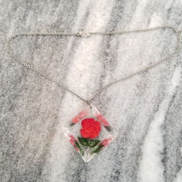 Vintage Lucite Rose Pendant Necklace, Red and Green, Clear Base, Estate - Picture 2 of 5